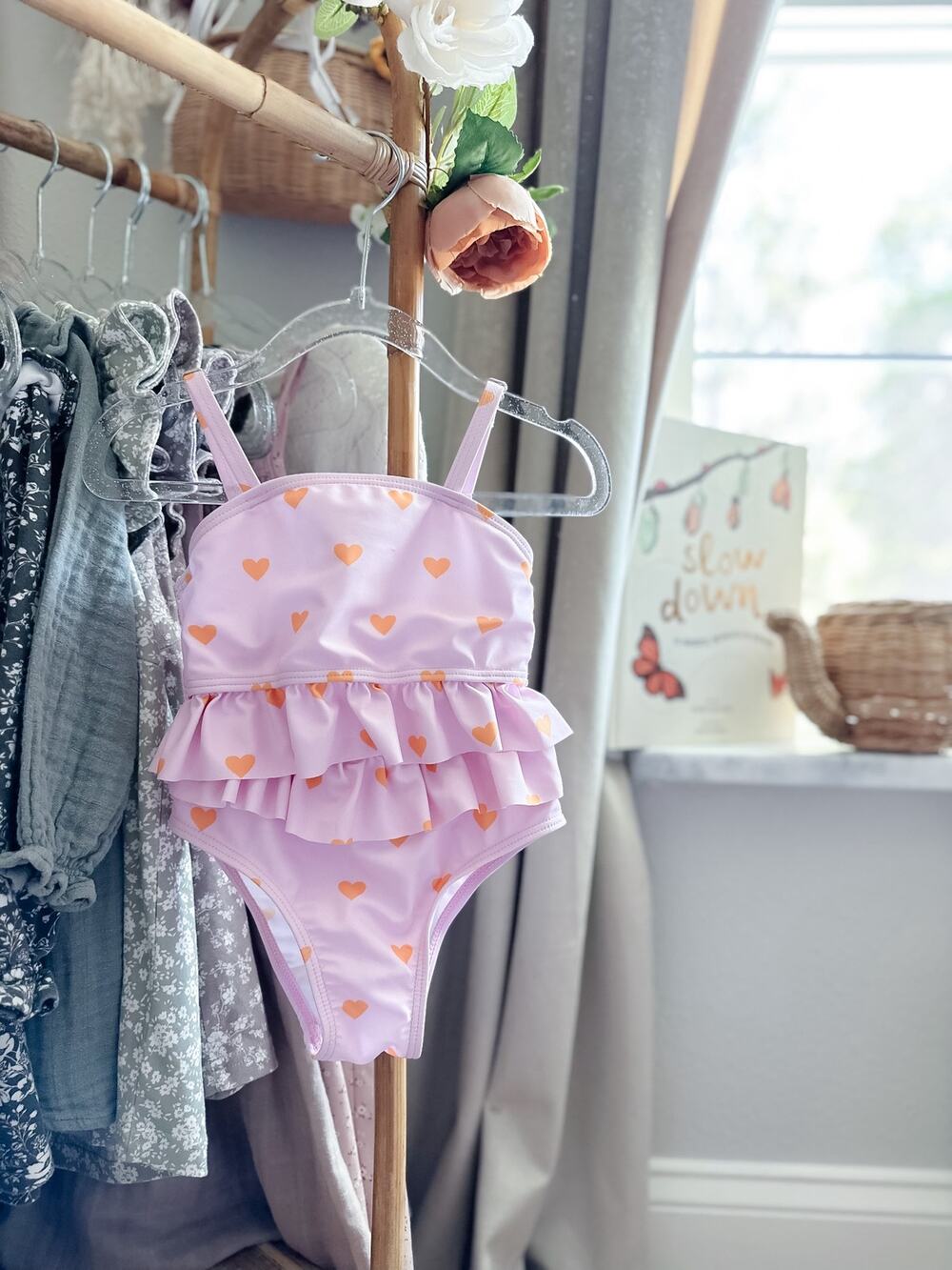 New Darling Heart Print Blush Pink Frill Trim 2pc Cami Swimsuit 4T